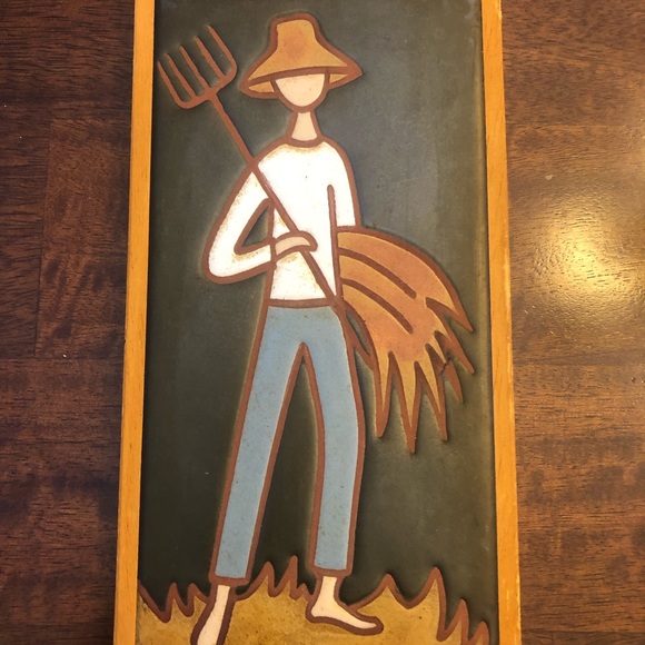 Handmade in Greece Framed Pottery tiles - girl / boy farmerunsigned, GUC - Picture 2 of 16